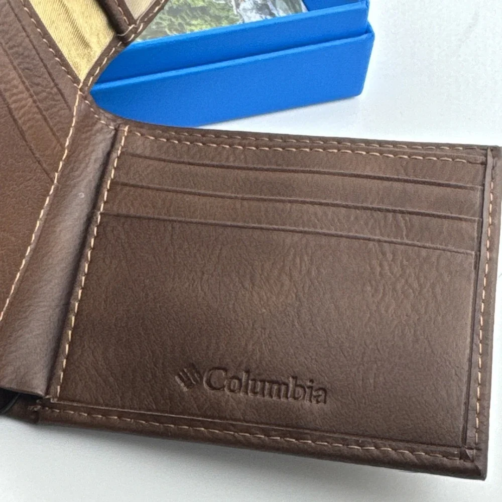Columbia Men's Leather Wallet brown bifold RFID Billfoldw/ Logo NIB